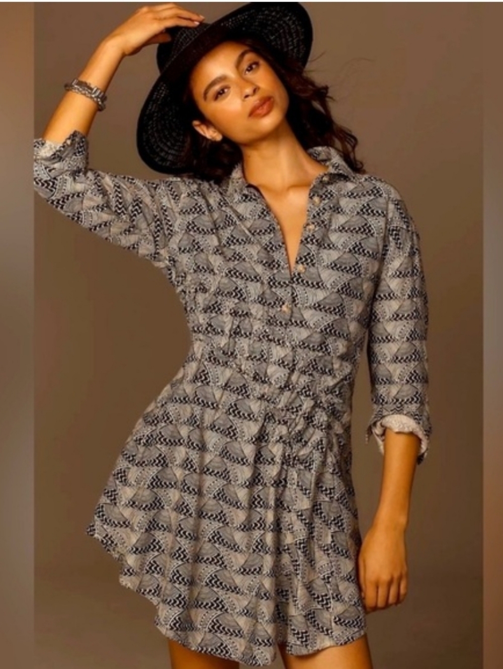 Anthropologie Neutral Geometric Art Deco Print Long Sleeve V-neck Collared Dress